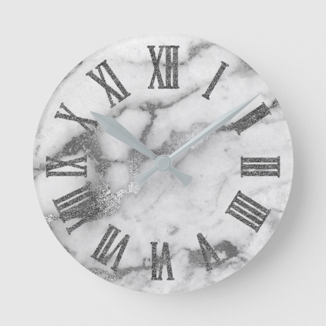 Silver White Grey Carrara Marble Stone Roman Numbe Round Clock (Front)