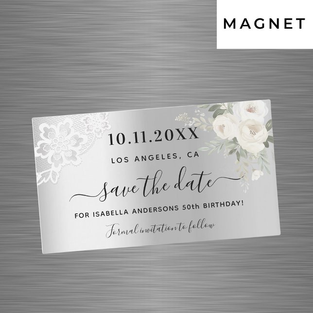 Silver white lace birthday Save the Date magnet (Creator Uploaded)