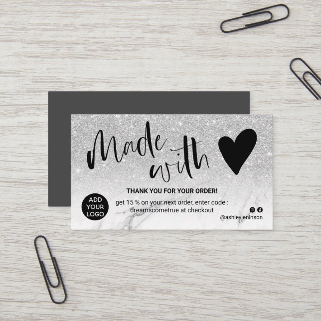 SIlver white marble thank you made with love Business Card (Front/Back In Situ)