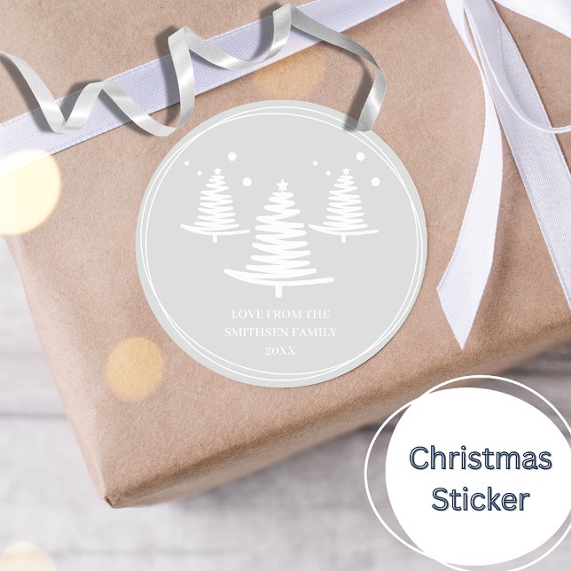 Silver White Minimalist Christmas Trees Classic Round Sticker (Creator Uploaded)