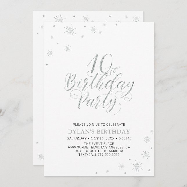 Silver & White | Modern Chic 40th Birthday Party Invitation (Front/Back)