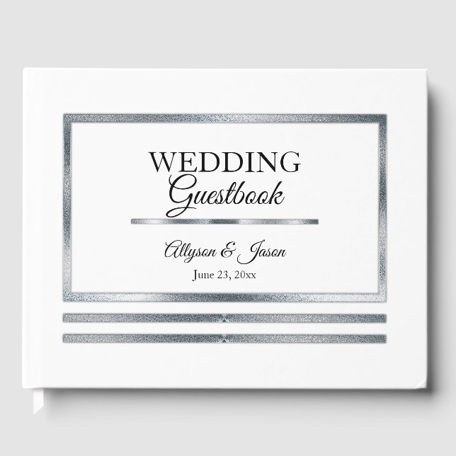Silver | White Modern Simple Elegant Wedding Guest Book (Front)