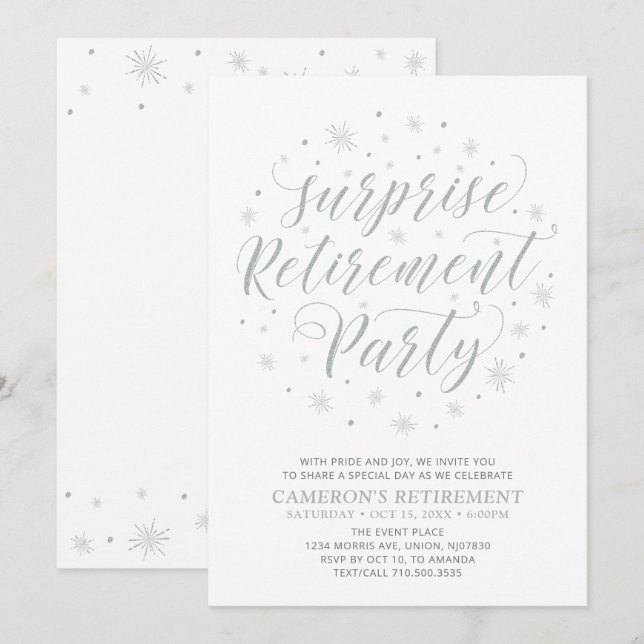 Silver & White | Modern Surprise Retirement Party Invitation (Front/Back)