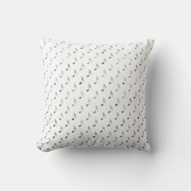 Silver White Musical Notes Metallic Faux Foil Throw Pillow (Front)