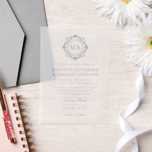 Silver White Ornate Floral Monogram Wedding Vellum Invitations