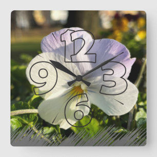Silver white pansy square wall clock