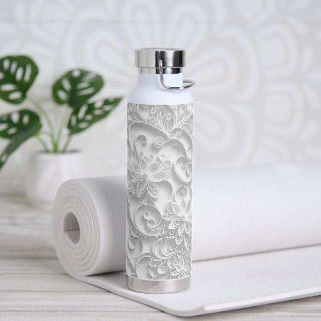 Silver White Paper Quilling Pattern Water Bottle (Yoga)