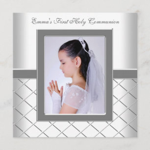 Silver White Photo Girls 1st Communion Invitation