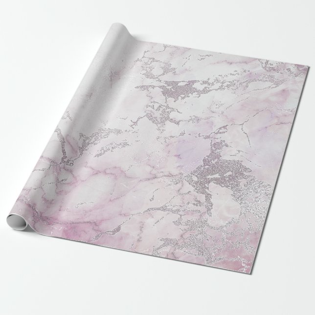 Silver White Pink Grey Marble Shiny Brushes Wrapping Paper (Unrolled)