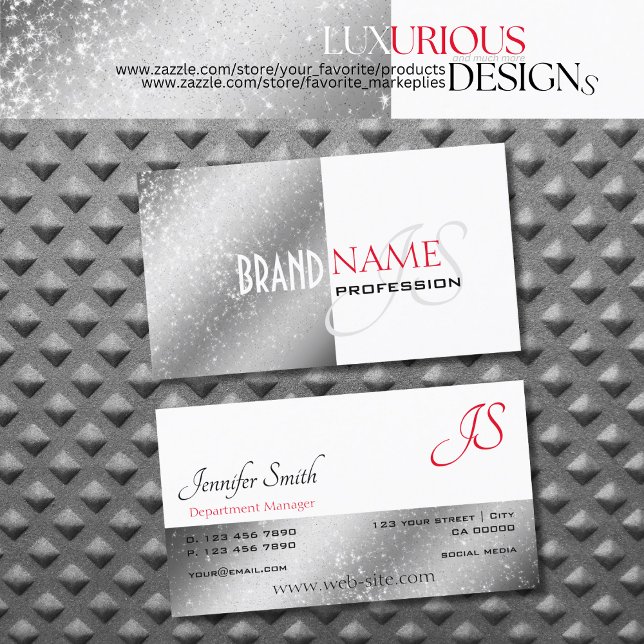 Silver White Red Soft Glitter Stars and Monogram Business Card (Creator Uploaded)