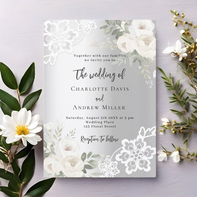 Silver white roses greenery wedding invitation (Creator Uploaded)