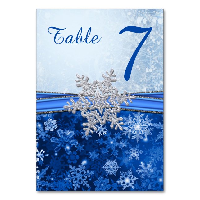 Silver White Snowflake on Blue Table Number card (Front)
