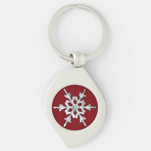 Silver & white snowflake on deep red keychain