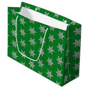 Silver & white snowflake on pine green large gift bag