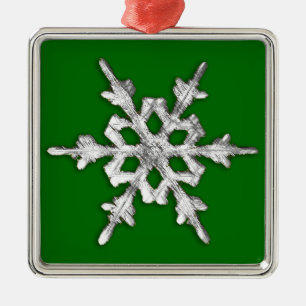 Silver & white snowflake on pine green metal ornament