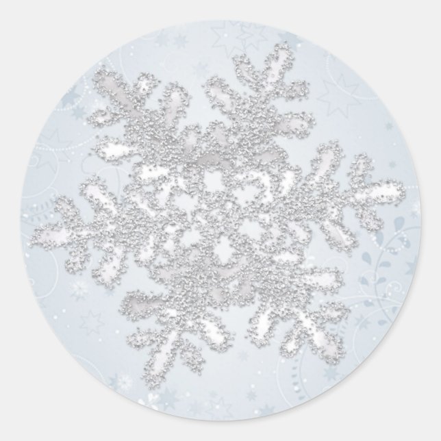 Silver white snowflake Wedding Christmas Classic Round Sticker (Front)
