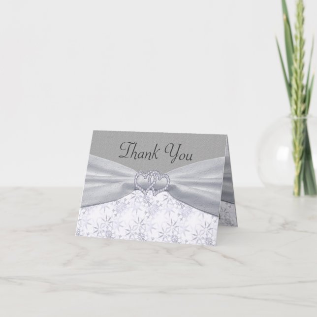 Silver, White Stars & Snowflakes Wedding Thank You Card (Front)