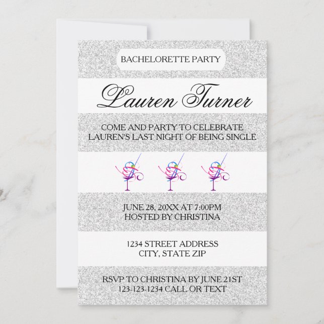 Silver & White Stripes - Bachelorette Invitation (Front)