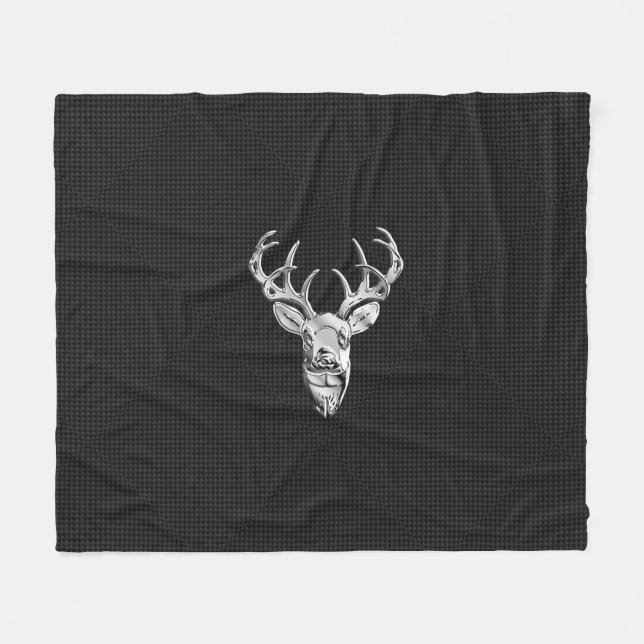 Silver White Tail Deer on Carbon Fibre Style Print Fleece Blanket (Front (Horizontal))