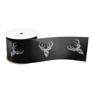 Silver White Tail Deer on Carbon Fibre Style Print Satin Ribbon