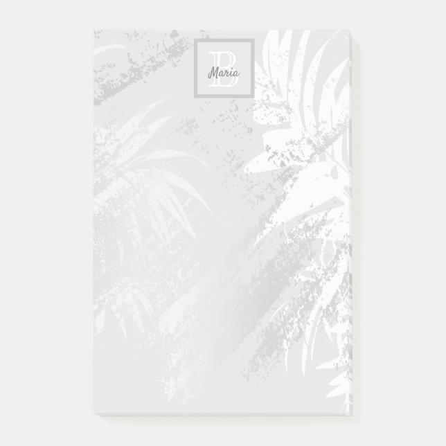 Silver white tropical palm leaves  monogram post-it notes (Front)