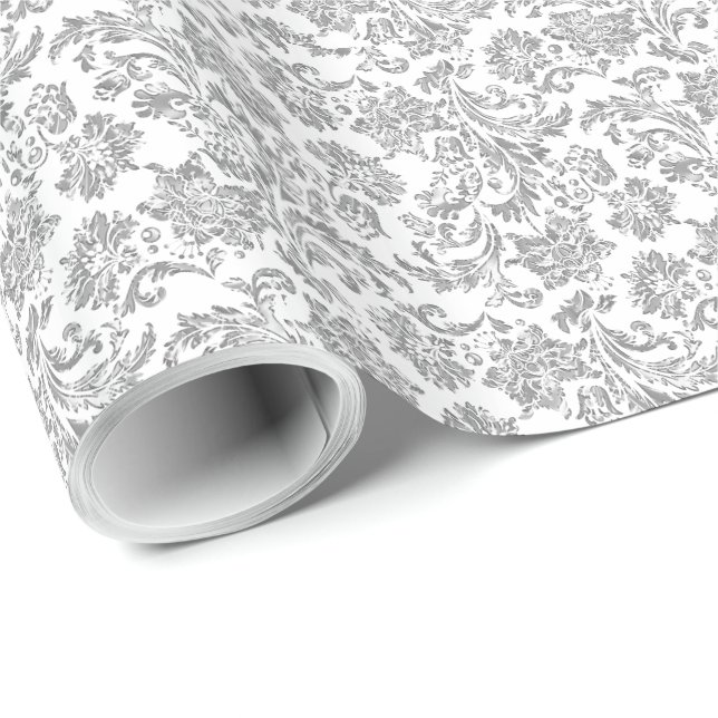 Silver & White Vintage Floral Damasks Wrapping Paper (Roll Corner)