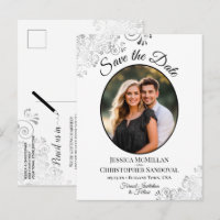 Silver & White Wedding Save the Date Oval Photo