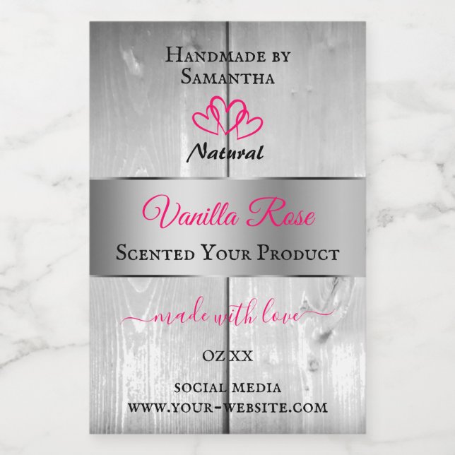 Silver White Wood Grain Product Labels Pink Hearts (Single Label)