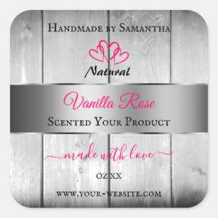 Silver White Wood Grain Product Labels Pink Hearts