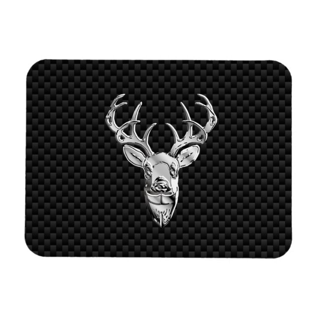 Silver Wild Deer on Carbon Fibre Style Decor Magnet (Horizontal)