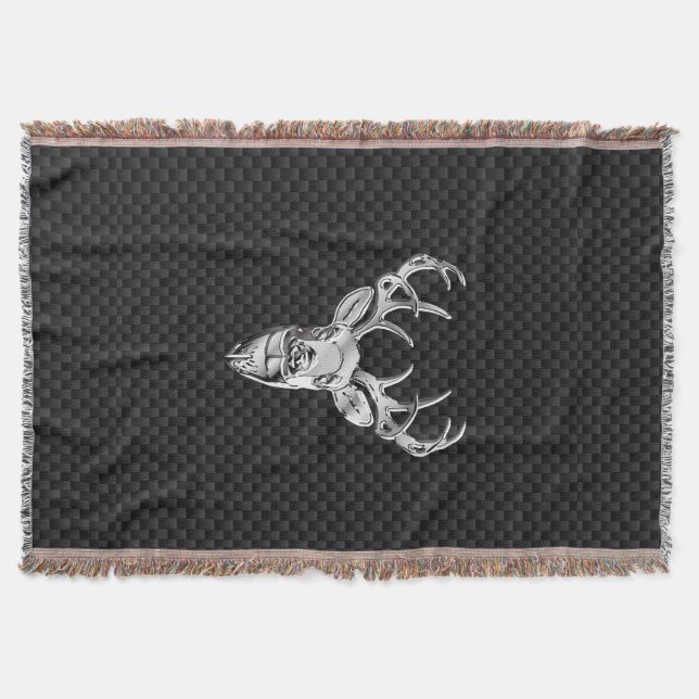Silver Wild Deer on Carbon Fibre Style Print Throw Blanket (Front)
