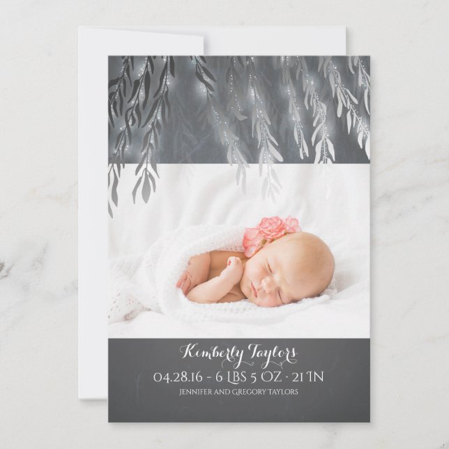 Silver Willow Tree Newborn Baby Photo Birth Announcement (Front)