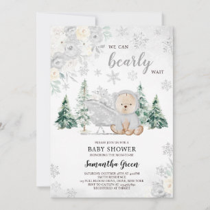 Silver Winter Bear Baby Shower Invitation
