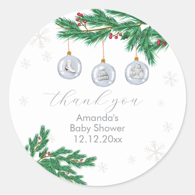 Silver Winter Clothesline Ornaments Baby Shower  Classic Round Sticker (Front)