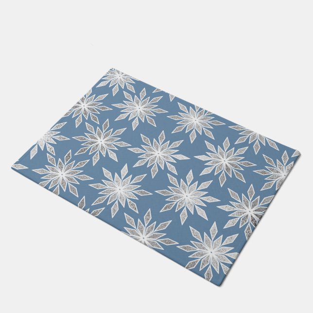 Silver Winter Geometric Snowflakes Pattern Doormat (Angled)