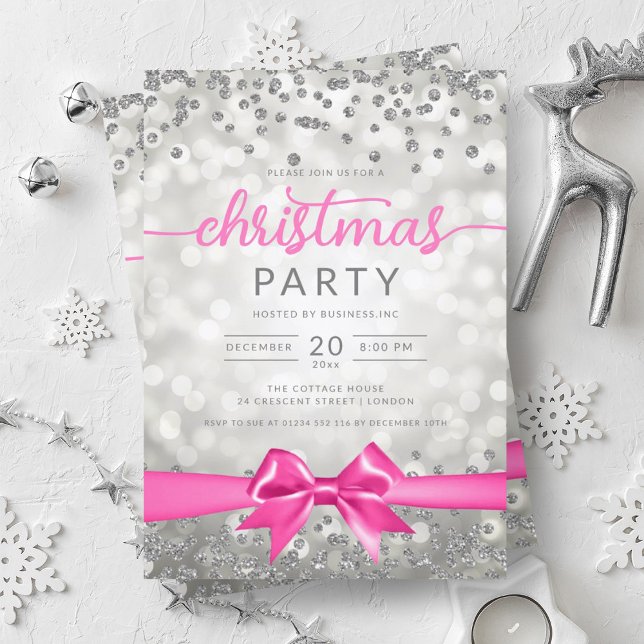 Silver Winter Glam Company Xmas Hot Pink Ribbon Invitation (Silver Winter Glam Company Xmas Hot Pink Ribbon Invitation)