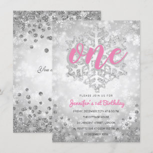 Silver Winter Glitter Snowflake   1st Birthday Invitation