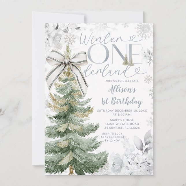 Silver Winter ONEderland Christmas Tree Birthday Invitation (Front)