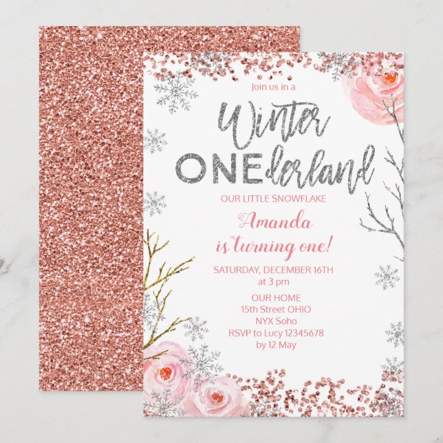 Silver Winter ONEderland First Birthday Invite (Front/Back)