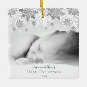 Silver Winter Snowflakes Personalized Baby Ceramic Ornament