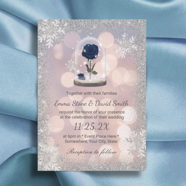 Silver Winter Wedding Blue Rose Flower Dome  Invitation (Creator Uploaded)