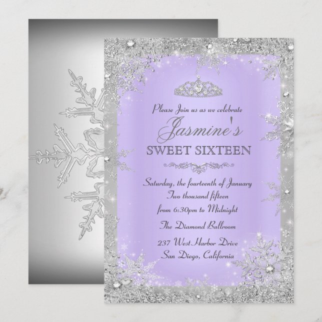 Silver Winter Wonderland violet doux 16 Invitation (Devant / Derrière)