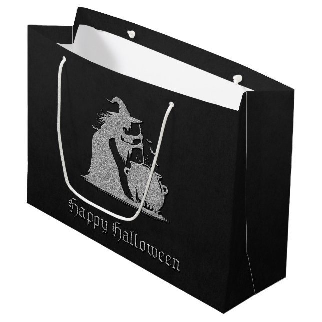 Silver Witch & Cauldron Halloween Large Gift Bag (Front Angled)