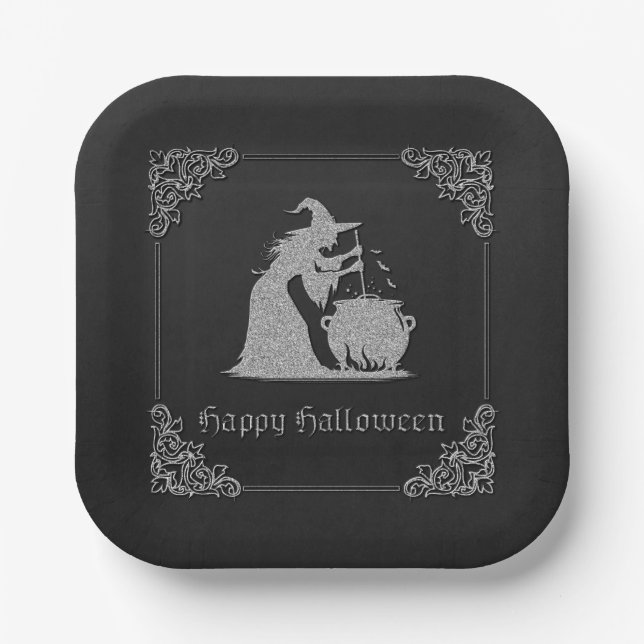 Silver Witch & Cauldron Halloween Paper Plate (Front)