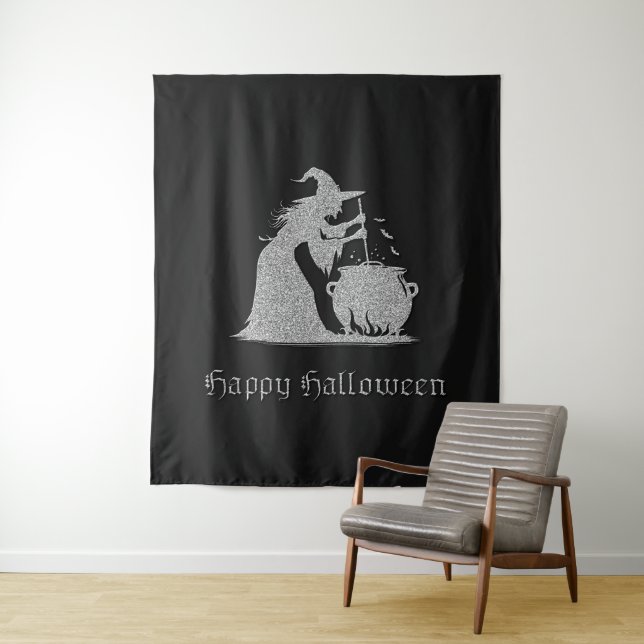 Silver Witch & Cauldron Halloween Photo Backdrop Tapestry (In Situ)