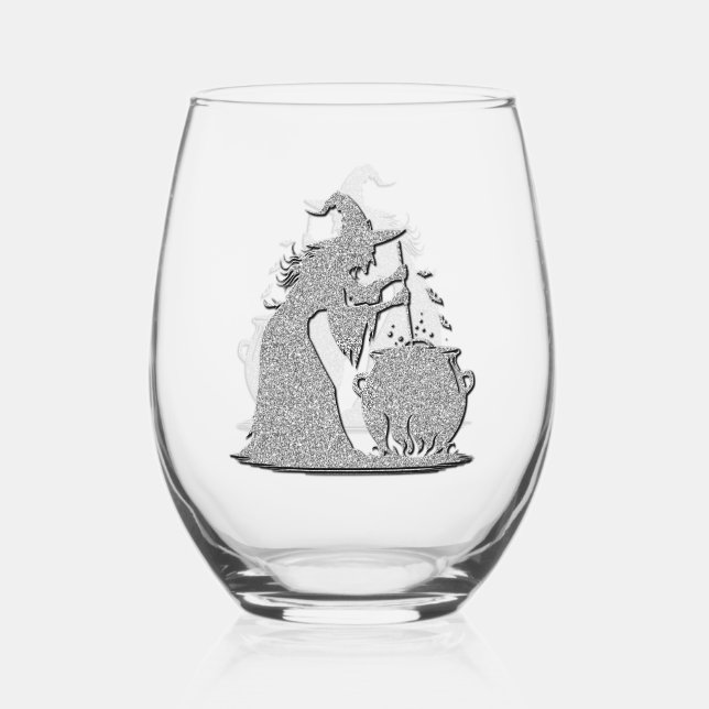 Silver Witch & Cauldron Halloween Stemless Wine Glass (Front)
