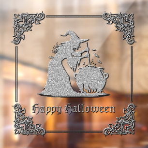 Silver Witch & Cauldron Halloween Window Cling