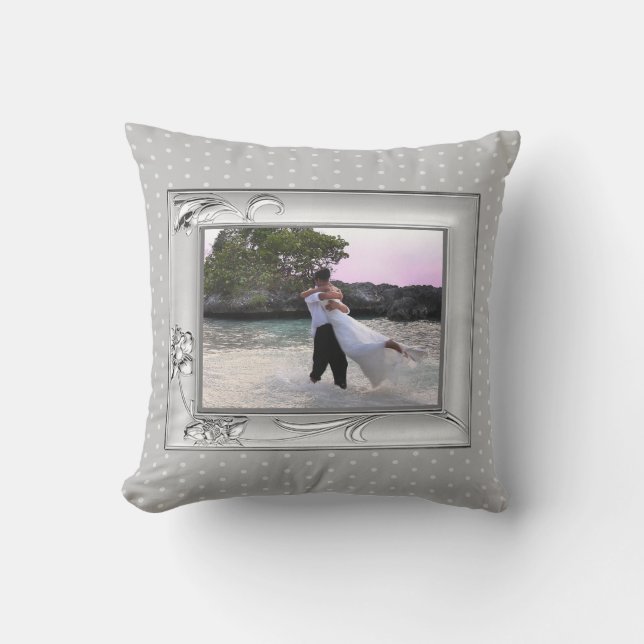 Silver with Flowers Frame Grey Dots Custom Photo Throw Pillow (Front)
