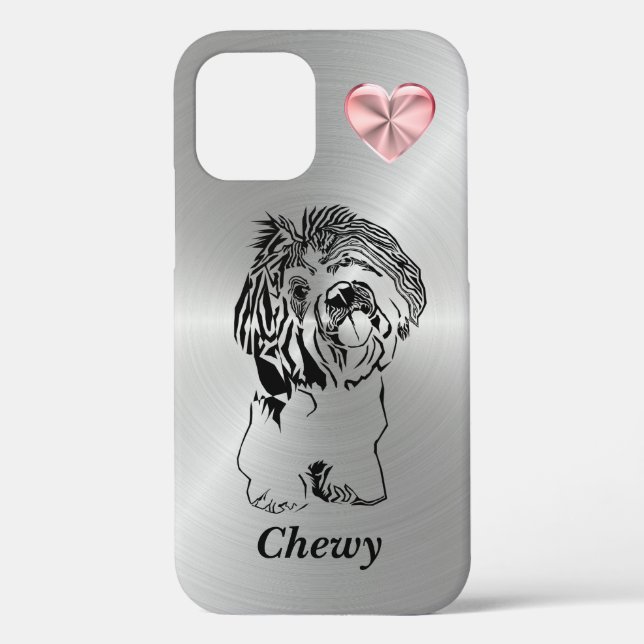 Silver with Pink Heart Shih Tzu Dog iPhone 12 Case (Back)