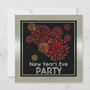 Silver with Red Fireworks New Years Party Invitation